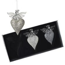SET OF 3 GLASS ANGEL ON GLITTER HEART HANGING DECORATION